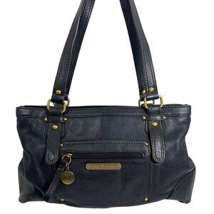 Etienne Aigner Black Leather Shoulder Bag Brass Accents 3 Interior Compartments